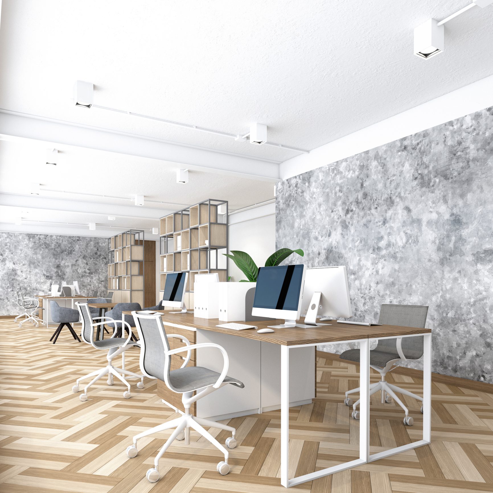 Industrial minimalist style office room with wood desk, wood floor and concrete wall. 3d rendering