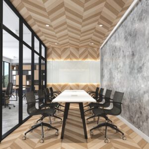 Modern conference room with wooden accents.